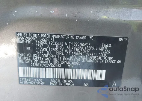 2012 Toyota Rav4 z USA, uszkodzony, nr VIN 2T3BF4DVXCW253363